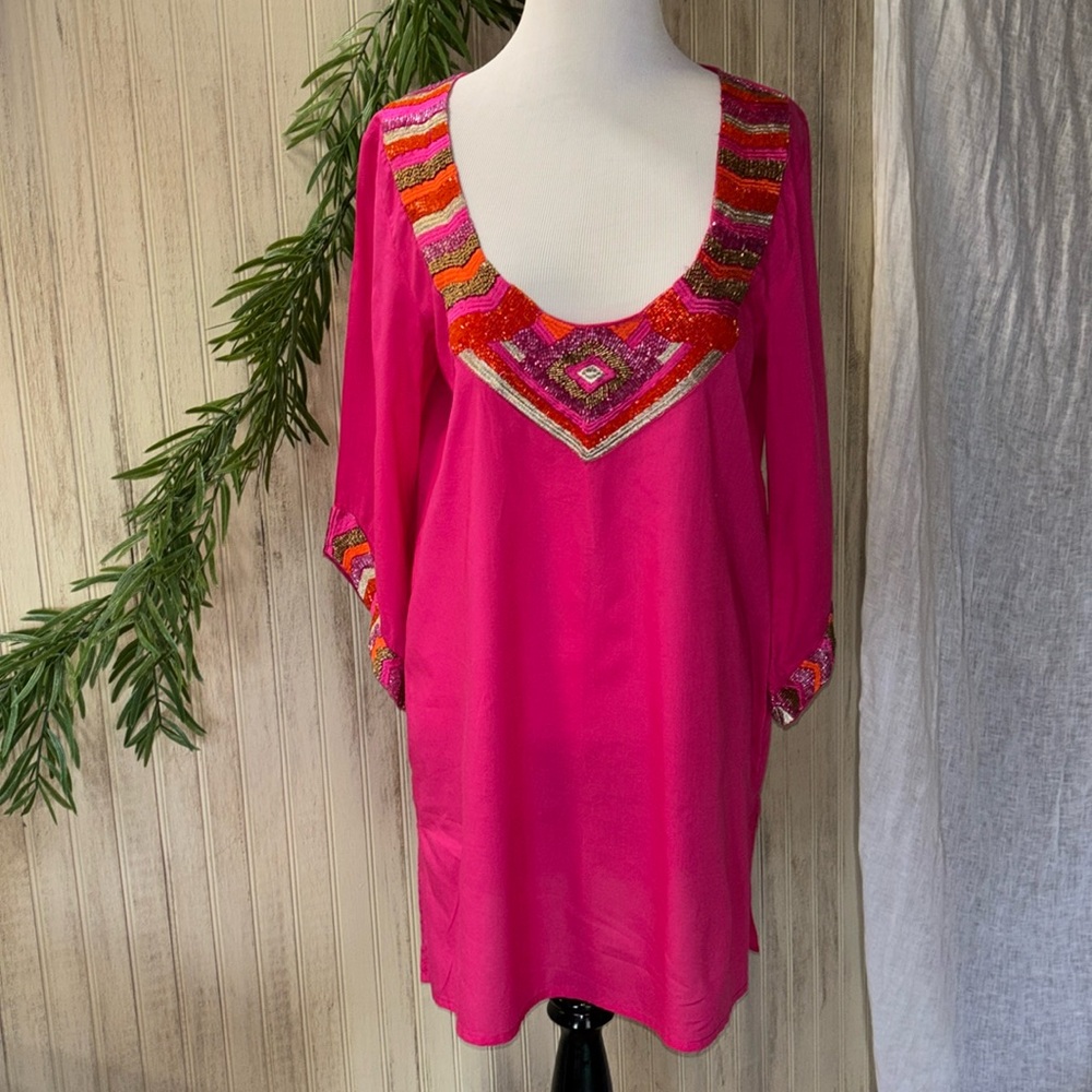 Mud Pie Beaded Tunic Dress, Size Medium, NWOT, Scoop Neckline, Magenta Gold